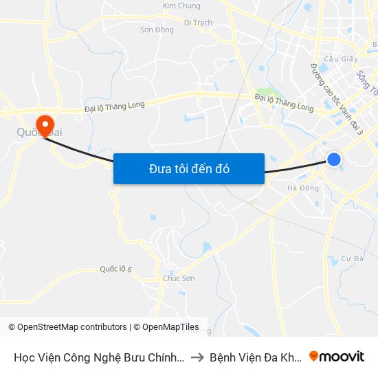 Học Viện Công Nghệ Bưu Chính Viễn Thông - Trần Phú (Hà Đông) to Bệnh Viện Đa Khoa Huyện Quốc Oai map