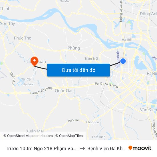 Trước 100m Ngõ 218 Phạm Văn Đồng (Đối Diện Công Viên Hòa Bình) to Bệnh Viện Đa Khoa Huyện Thạch Thất map