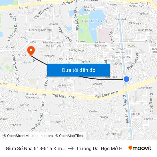 Giữa Số Nhà 613-615 Kim Ngưu to Trường Đại Học Mở Hà Nội map