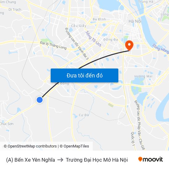 (A) Bến Xe Yên Nghĩa to Trường Đại Học Mở Hà Nội map