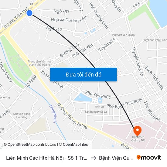 Liên Minh Các Htx Hà Nội - Số 1 Trần Phú (Hà Đông) to Bệnh Viện Quân Y 103 map