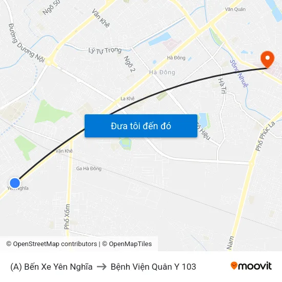 (A) Bến Xe Yên Nghĩa to Bệnh Viện Quân Y 103 map