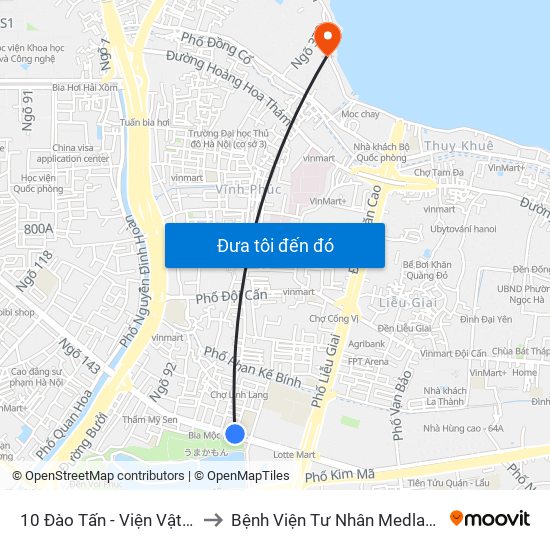 10 Đào Tấn - Viện Vật Lý to Bệnh Viện Tư Nhân Medlatec map