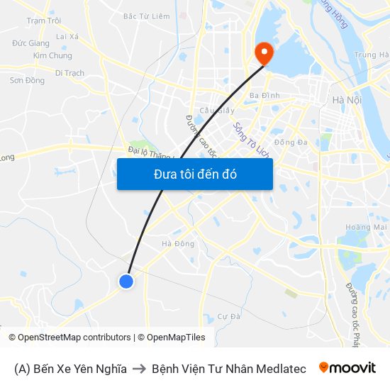 (A) Bến Xe Yên Nghĩa to Bệnh Viện Tư Nhân Medlatec map