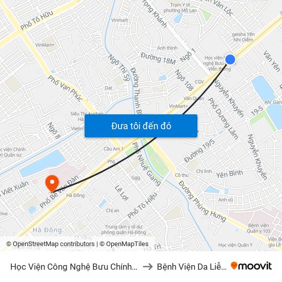 Học Viện Công Nghệ Bưu Chính Viễn Thông - Trần Phú (Hà Đông) to Bệnh Viện Da Liễu Hà Nội (Cơ Sở 2) map