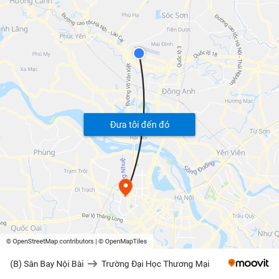 (B) Sân Bay Nội Bài to Trường Đại Học Thương Mại map