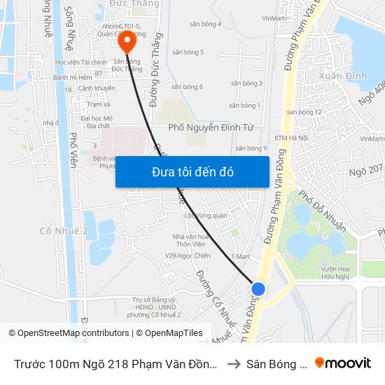 Trước 100m Ngõ 218 Phạm Văn Đồng (Đối Diện Công Viên Hòa Bình) to Sân Bóng Đức Thắng map
