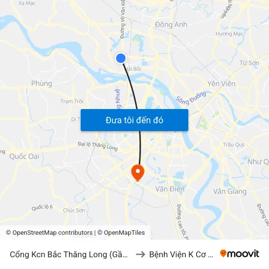 Cổng Kcn Bắc Thăng Long (Gần Cầu Vượt Bộ Hành) to Bệnh Viện K Cơ Sở Tân Triều map