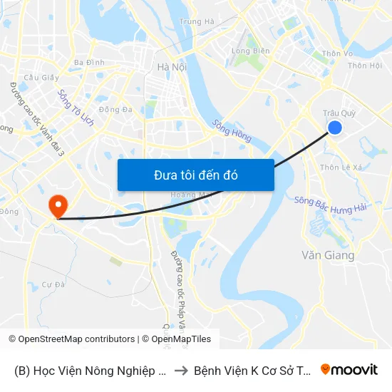 (B) Học Viện Nông Nghiệp Việt Nam to Bệnh Viện K Cơ Sở Tân Triều map