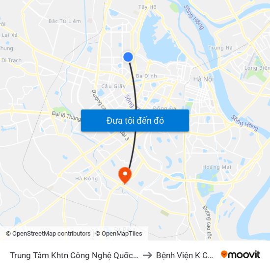 Trung Tâm Khtn Công Nghệ Quốc Gia - 18 Hoàng Quốc Việt to Bệnh Viện K Cơ Sở Tân Triều map