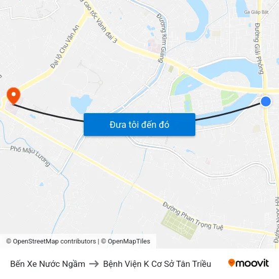 Bến Xe Nước Ngầm to Bệnh Viện K Cơ Sở Tân Triều map