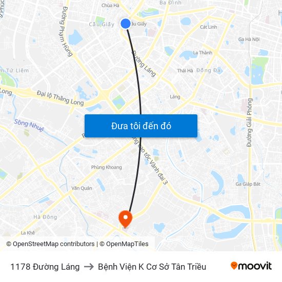 1178 Đường Láng to Bệnh Viện K Cơ Sở Tân Triều map