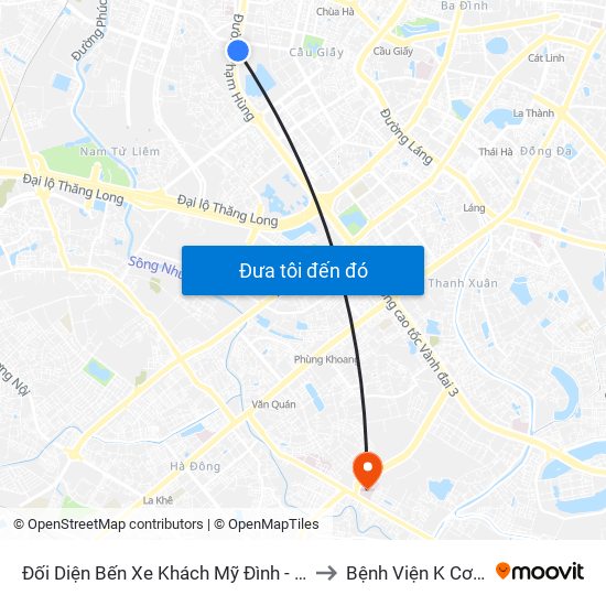 Đối Diện Bến Xe Khách Mỹ Đình - Phạm Hùng (Cột Trước) to Bệnh Viện K Cơ Sở Tân Triều map