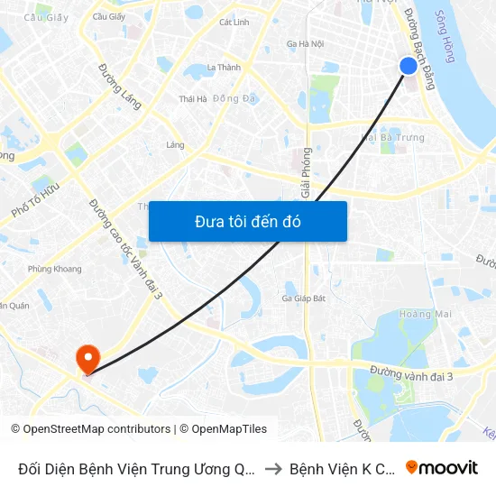Đối Diện Bệnh Viện Trung Ương Quân Đội 108 - Trần Hưng Đạo to Bệnh Viện K Cơ Sở Tân Triều map