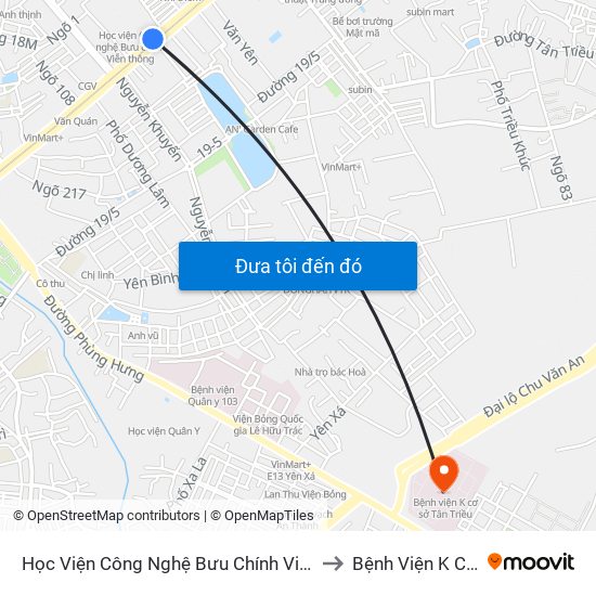 Học Viện Công Nghệ Bưu Chính Viễn Thông - Trần Phú (Hà Đông) to Bệnh Viện K Cơ Sở Tân Triều map