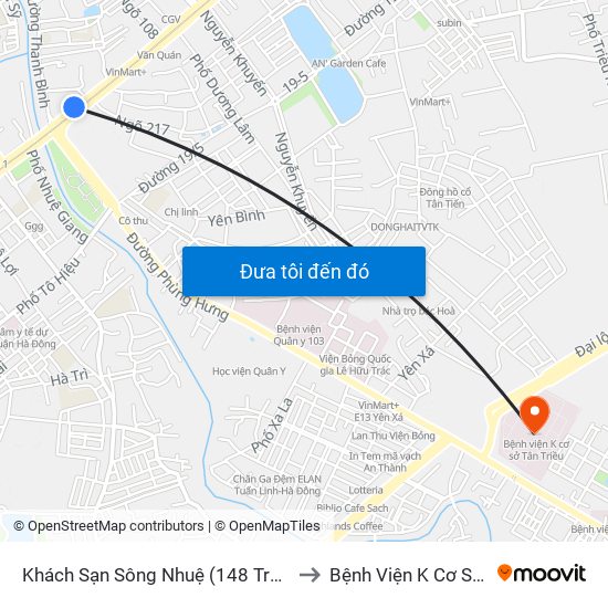 Khách Sạn Sông Nhuệ (148 Trần Phú- Hà Đông) to Bệnh Viện K Cơ Sở Tân Triều map