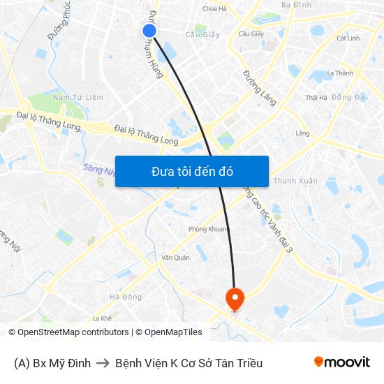 (A) Bx Mỹ Đình to Bệnh Viện K Cơ Sở Tân Triều map