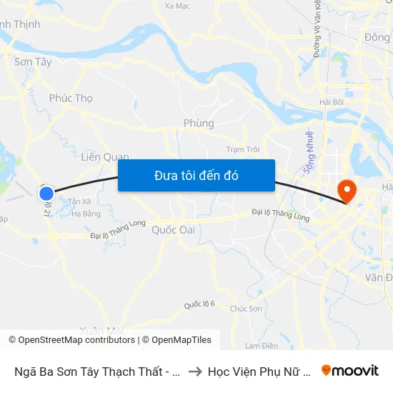 Ngã Ba Sơn Tây Thạch Thất - Quốc Lộ 21a to Học Viện Phụ Nữ Việt Nam map