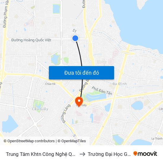 Trung Tâm Khtn Công Nghệ Quốc Gia - 18 Hoàng Quốc Việt to Trường Đại Học Giao Thông Vận Tải map