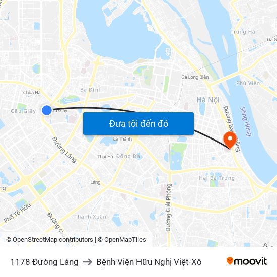 1178 Đường Láng to Bệnh Viện Hữu Nghị Việt-Xô map