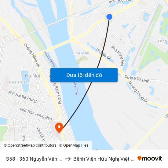 358 - 360 Nguyễn Văn Cừ to Bệnh Viện Hữu Nghị Việt-Xô map