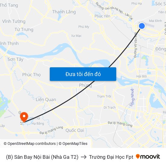 (B) Sân Bay Nội Bài (Nhà Ga T2) to Trường Đại Học Fpt map