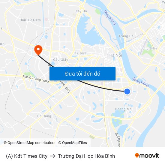 (A) Kđt Times City to Trường Đại Học Hòa Bình map