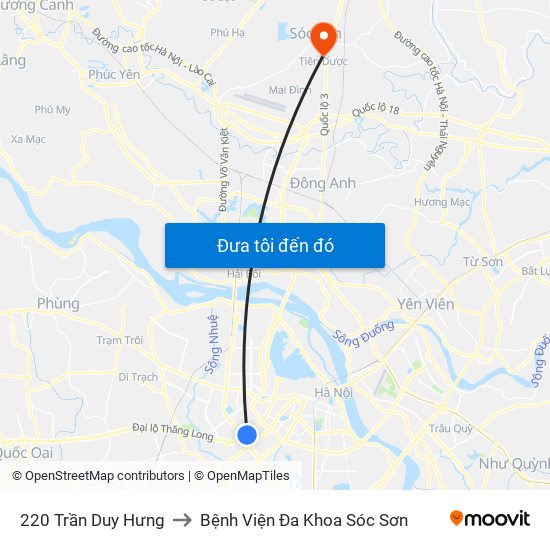 220 Trần Duy Hưng to Bệnh Viện Đa Khoa Sóc Sơn map