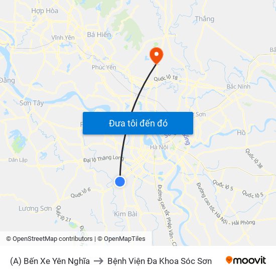 (A) Bến Xe Yên Nghĩa to Bệnh Viện Đa Khoa Sóc Sơn map