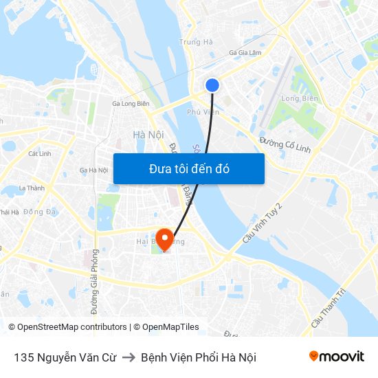 135 Nguyễn Văn Cừ to Bệnh Viện Phổi Hà Nội map