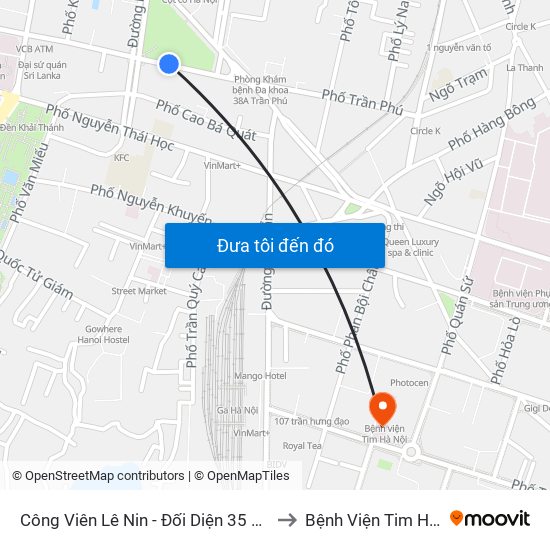 Công Viên Lê Nin - Đối Diện 35 Trần Phú to Bệnh Viện Tim Hà Nội map