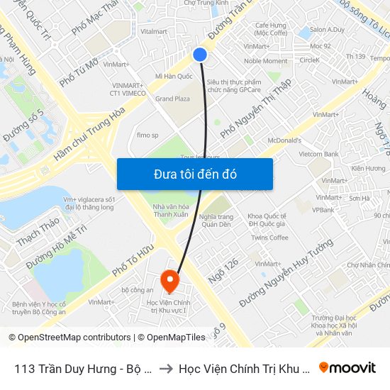 113 Trần Duy Hưng - Bộ Khcn to Học Viện Chính Trị Khu Vực I map