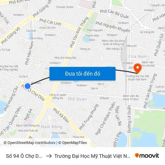 Số 94 Ô Chợ Dừa to Trường Đại Học Mỹ Thuật Việt Nam map