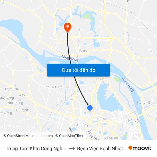 Trung Tâm Khtn Công Nghệ Quốc Gia - 18 Hoàng Quốc Việt to Bệnh Viện Bệnh Nhiệt Đới Trung Ương (Cơ Sở 2) map
