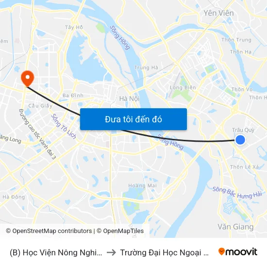 (B) Học Viện Nông Nghiệp Việt Nam to Trường Đại Học Ngoại Ngữ - Đhqghn map