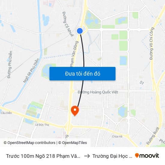 Trước 100m Ngõ 218 Phạm Văn Đồng (Đối Diện Công Viên Hòa Bình) to Trường Đại Học Ngoại Ngữ - Đhqghn map