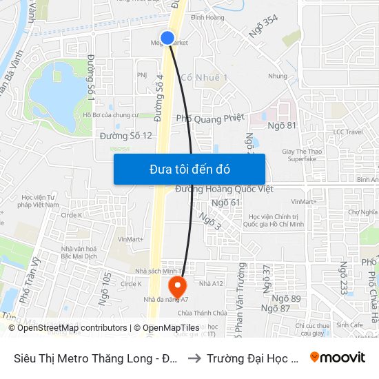 Siêu Thị Metro Thăng Long - Đối Diện Ngõ 599 Phạm Văn Đồng to Trường Đại Học Ngoại Ngữ - Đhqghn map