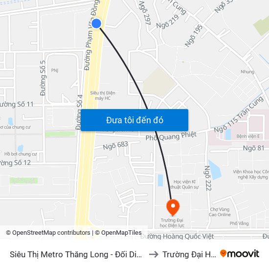 Siêu Thị Metro Thăng Long - Đối Diện Ngõ 599 Phạm Văn Đồng to Trường Đại Học Điện Lực map