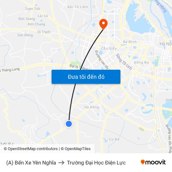 (A) Bến Xe Yên Nghĩa to Trường Đại Học Điện Lực map