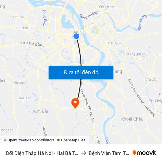 Đối Diện Tháp Hà Nội - Hai Bà Trưng (Cạnh 56 Hai Bà Trưng) to Bệnh Viện Tâm Thần Trung Ương 1 map