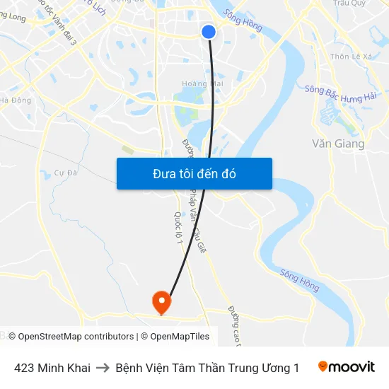 423 Minh Khai to Bệnh Viện Tâm Thần Trung Ương 1 map
