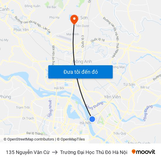 135 Nguyễn Văn Cừ to Trường Đại Học Thủ Đô Hà Nội map