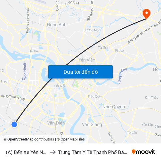 (A) Bến Xe Yên Nghĩa to Trung Tâm Y Tế Thành Phố Bắc Ninh map