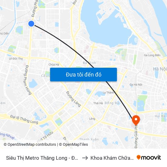 Siêu Thị Metro Thăng Long - Đối Diện Ngõ 599 Phạm Văn Đồng to Khoa Khám Chữa Bệnh Theo Yêu Cầu map