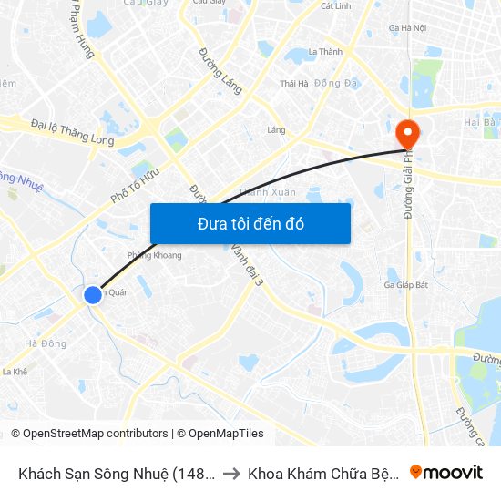 Khách Sạn Sông Nhuệ (148 Trần Phú- Hà Đông) to Khoa Khám Chữa Bệnh Theo Yêu Cầu map
