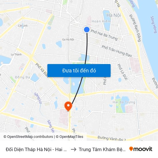 Đối Diện Tháp Hà Nội - Hai Bà Trưng (Cạnh 56 Hai Bà Trưng) to Trung Tâm Khám Bệnh Và Điều Trị Trong Ngày map