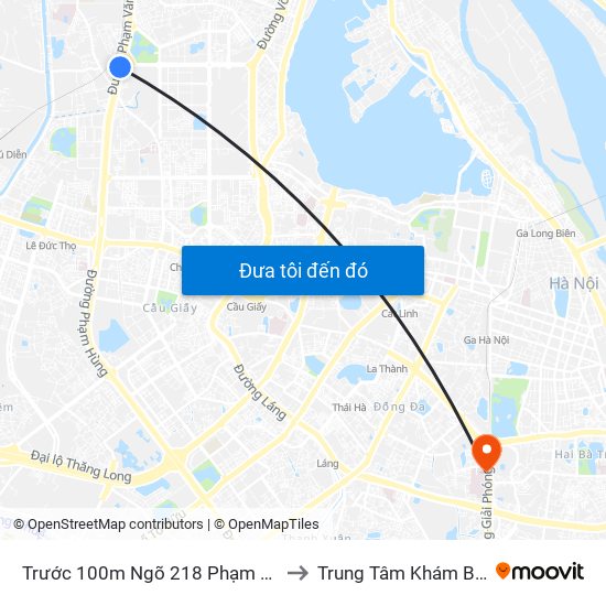 Trước 100m Ngõ 218 Phạm Văn Đồng (Đối Diện Công Viên Hòa Bình) to Trung Tâm Khám Bệnh Và Điều Trị Trong Ngày map