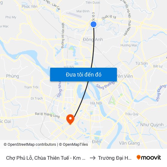 Chợ Phủ Lỗ, Chùa Thiên Tuế - Km 18+600 Quốc Lộ 3 to Trường Đại Học Hà Nội map