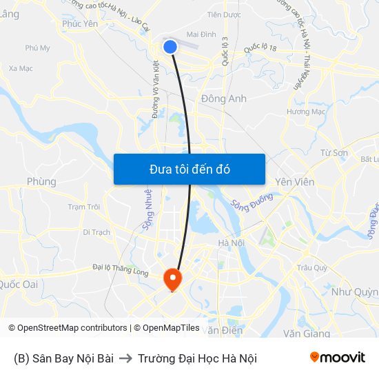 (B) Sân Bay Nội Bài to Trường Đại Học Hà Nội map