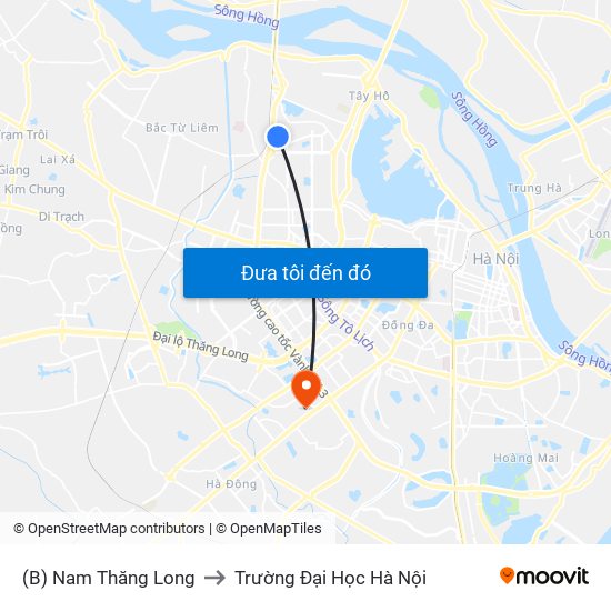 (B) Nam Thăng Long to Trường Đại Học Hà Nội map